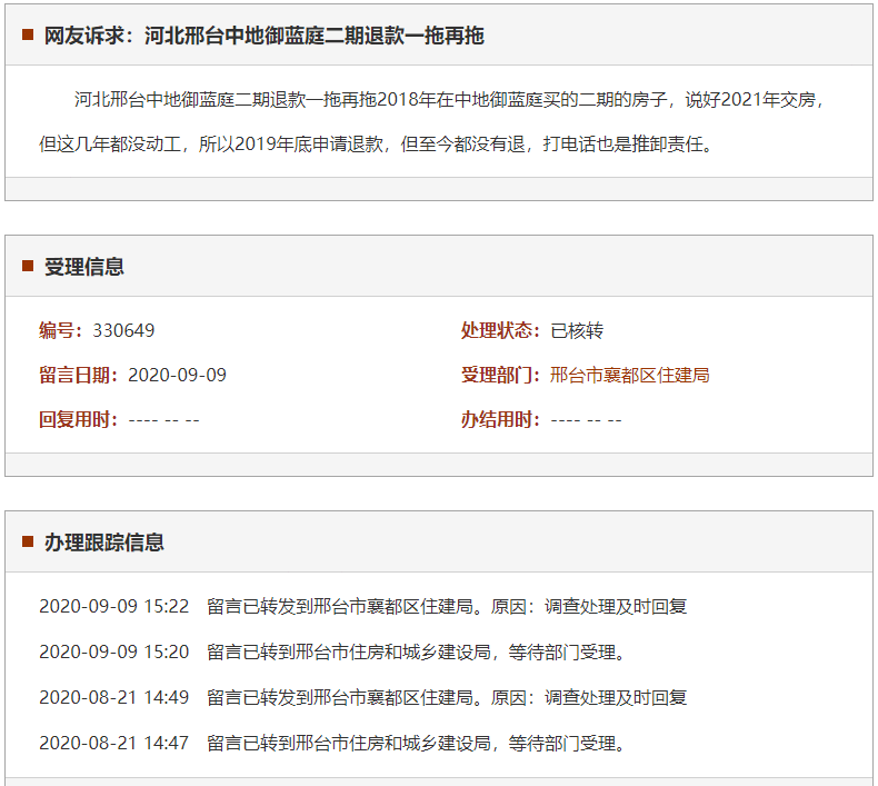 邢台中地御蓝庭二期退款一拖再拖