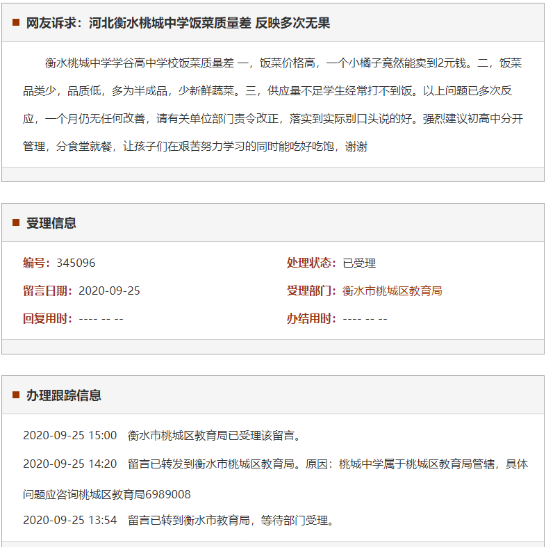 衡水桃城中学饭菜质量差 反映多次无果