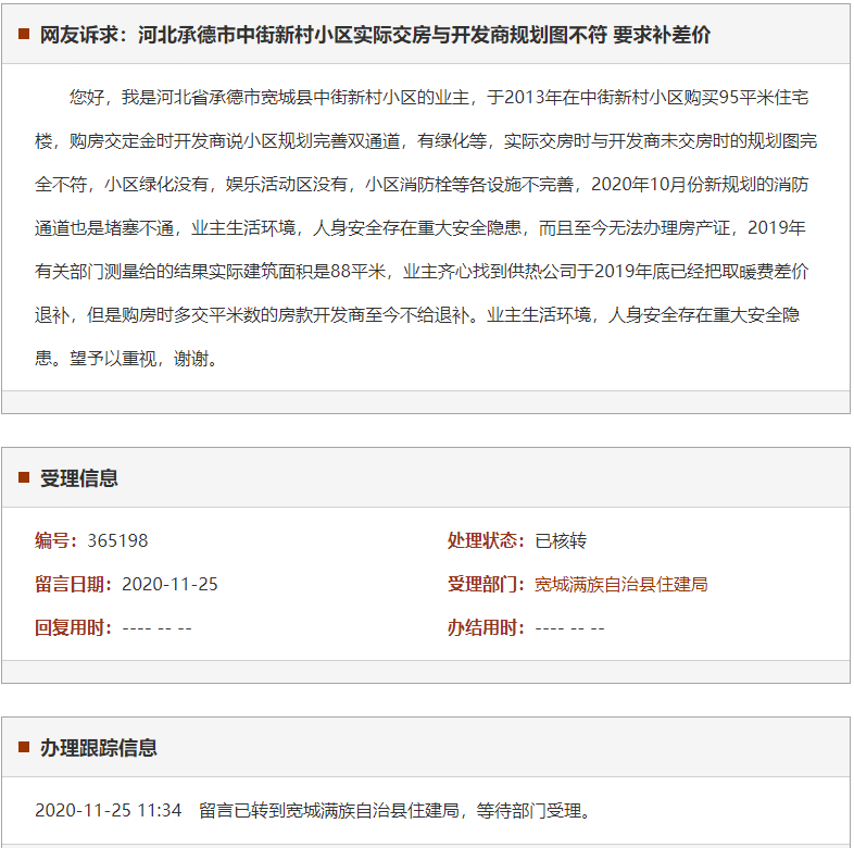 承德市中街新村小区实际交房与开发商规划图不符 要求补差价