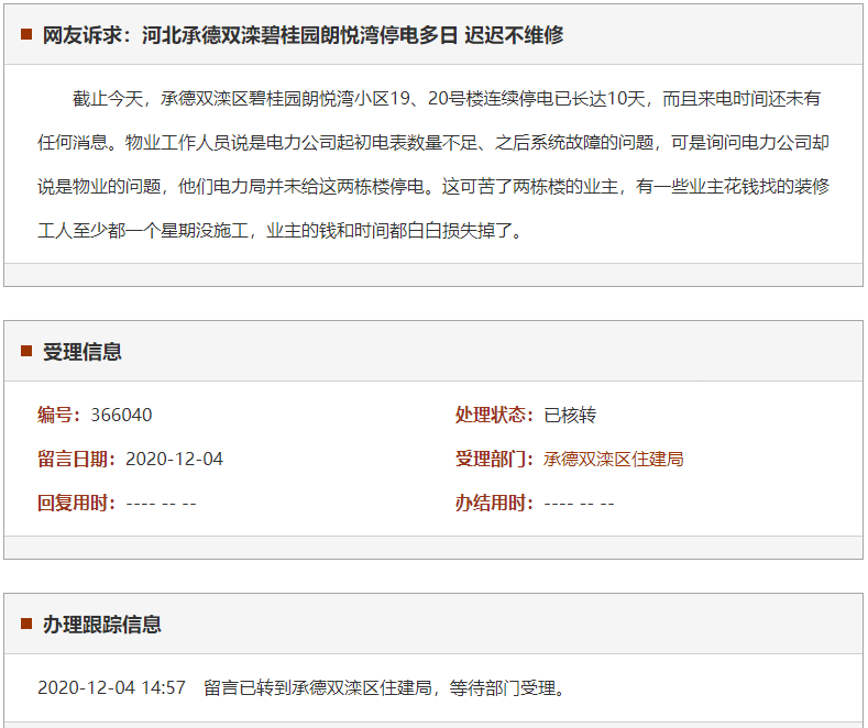 承德双滦碧桂园朗悦湾停电多日 迟迟不维修