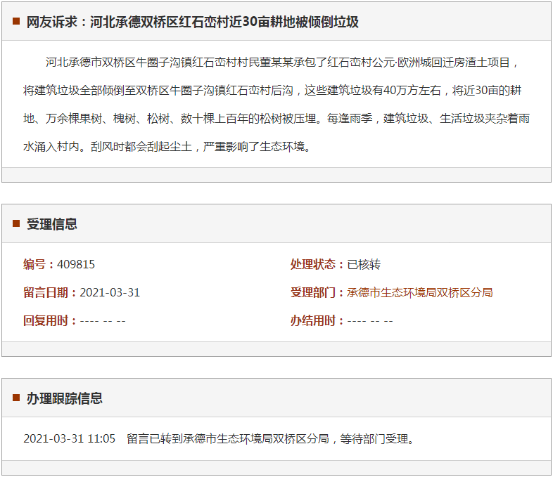 承德双桥区红石峦村近30亩耕地被倾倒垃圾