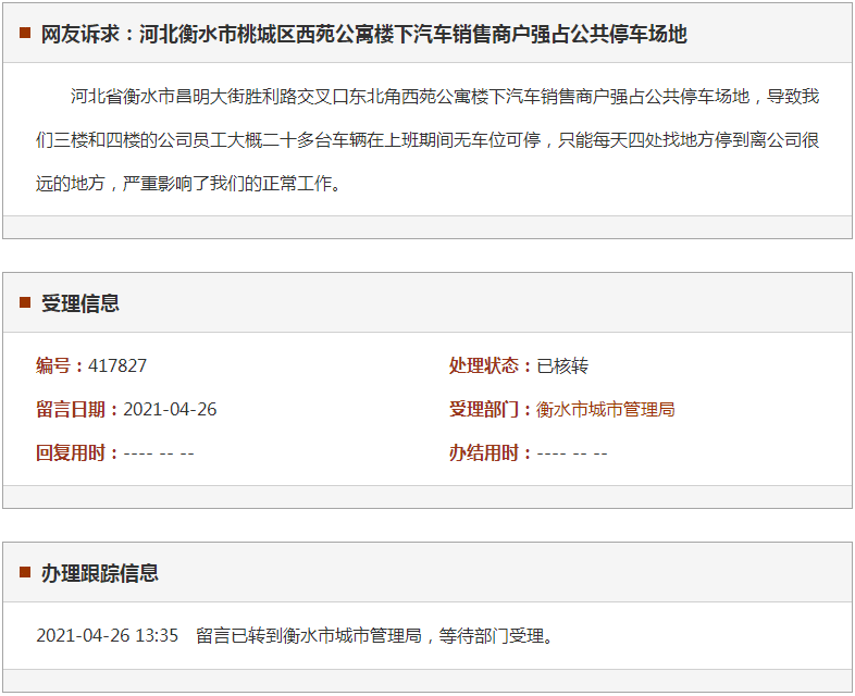 衡水市桃城区西苑公寓楼下汽车销售商户强占公共停车场地