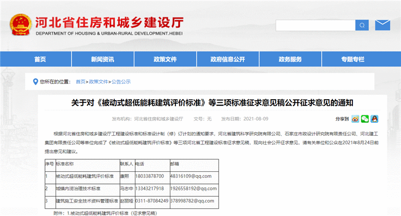 《被动式超低能耗建筑评价标准》等三项河北省工程建设标准公开征求意见